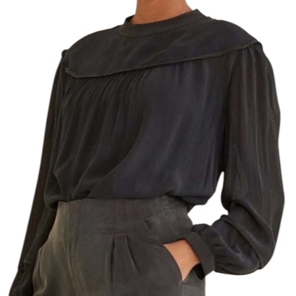 Amour Vert Black Silk Cupro Crinkly Long Sleeve Keyhole Cutout Blouse - S
